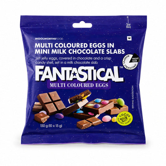Woolworths Fantastical Multi-Coloured Eggs in Mini Milk Chocolate Slabs 150g pouch