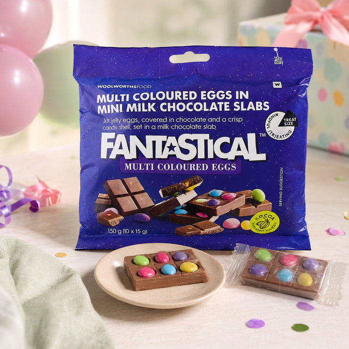 Woolworths Fantastical 150g mini chocolate slabs presented as a colourful treat